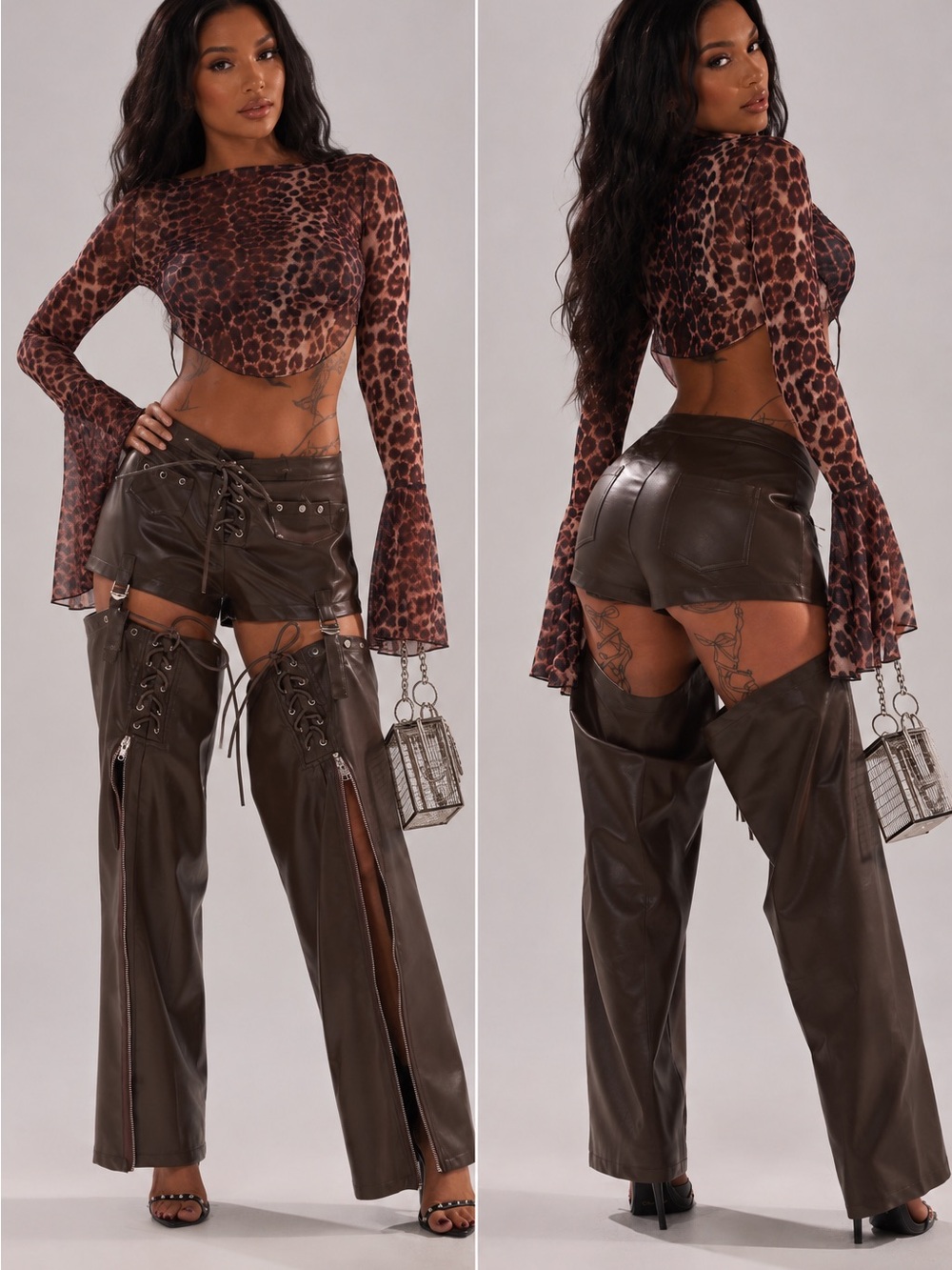 AKIRA Brown Faux Leather Cutout Chaps Wide Leg Pants